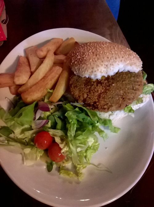 Vegan bean burger with chips and salad at The Central Bar in Gateshead