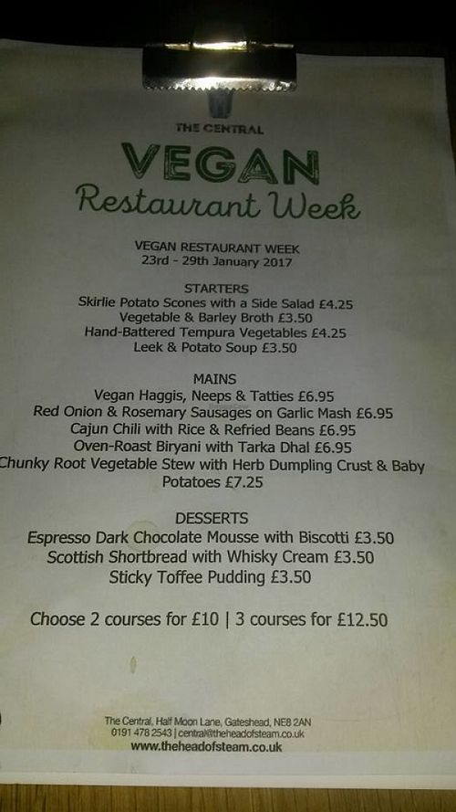 Vegan restaurant week menu at The Central Bar in Gateshead