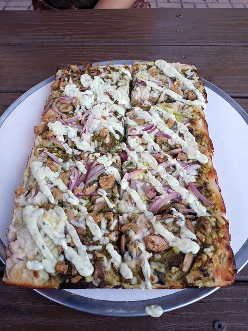 Mushroom and onion pesto pizza with a delicious drizzle.  I did a side of marinara too, and it tied it all together. at Pie-Sci in Detroit