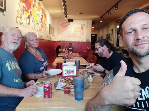 Happy people pregaming for a Tigers game in "the big city."

2 vegans, a vegetarian, and an omnivore, and we're all stoked. at Pie-Sci in Detroit