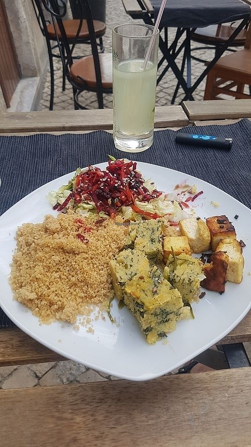 fried tofu with cous cous and salad at Sabor K Intende in Lisbon