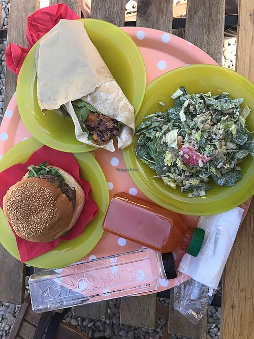 Burger, burrito and salad at Sara Green in Bucharest