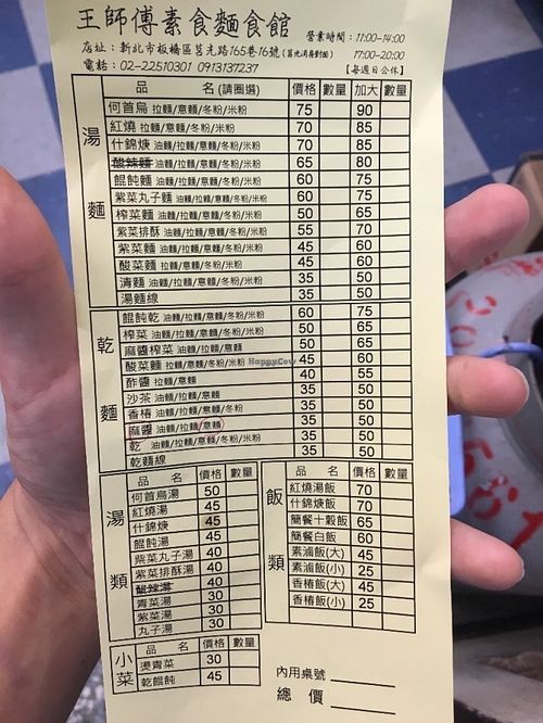 menu at Master Wang Vegetarian Restaurant in New Taipei City