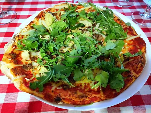Vegan pizza with artichokes and asparagus at Pizzeria Napoli in Tampere