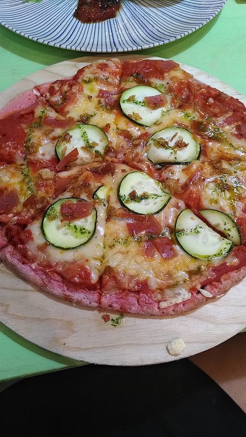 Pizza with beetroot crust. Delicious! at La Veganesa in Cadiz