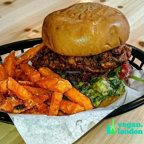 Brick Lane Bhaji Burger and sweet potato fries by Mooshies at Mooshies in East London