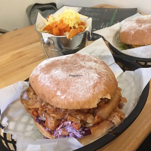jackfruit burger, sweet potato fries at Mooshies in East London
