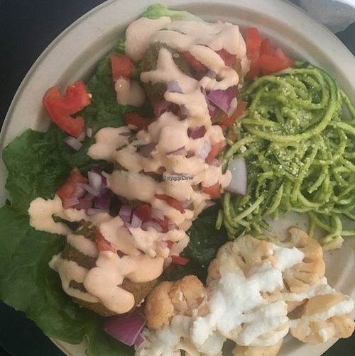 falafel plate with zucchini and cauliflower  at True Earth Juicery & Vegan Cafe in North Hollywood