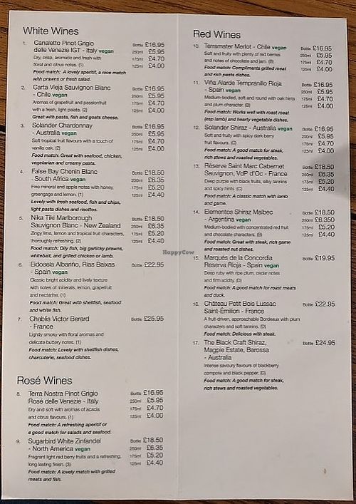 Wine list with vegan wines at The Golden Heart Inn in Gloucester