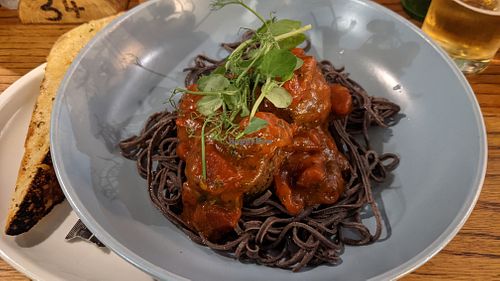 Black bean spaghetti at The Golden Heart Inn in Gloucester