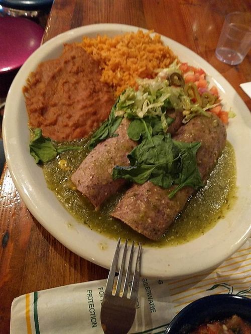 Veggie enchiladas (no cheese) with tomatillo sauce at Chuy's in Birmingham