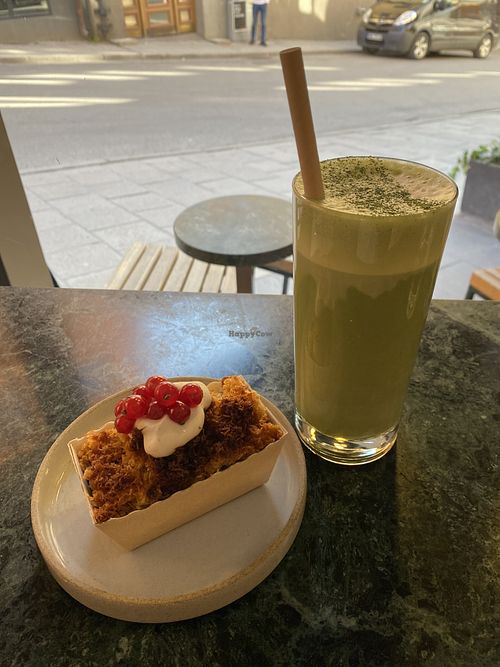 Blueberry-cocos cake and cold matcha latte  at Pepstop - Riddargatan in Stockholm