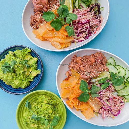 x2 teriyaki jackfruit and kimchi bowls with avocado smash at Hula Juice Cafe in Edinburgh