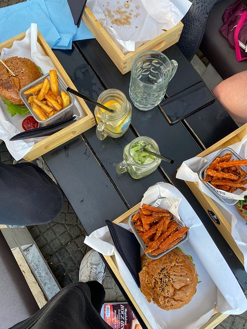 Vegan beetroot burger and sweet potato fries  at Krowa Na Wypasie in Pobierowo