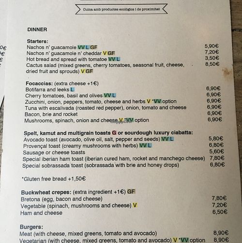 menu at Cactus in Palamos