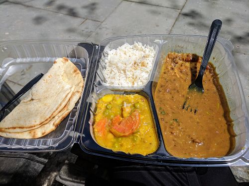 Mumbai Dal as the main course and Mixed Vegetable Curry on the side (both vegan), as well as some Basmati Rice and Vegan Naan.   at Mumbai Bistro in Philadelphia