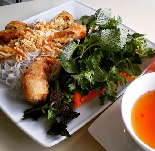 Our favorite vermicelli salad with fried spring rolls & sweet sour dip at AnSa in Munich
