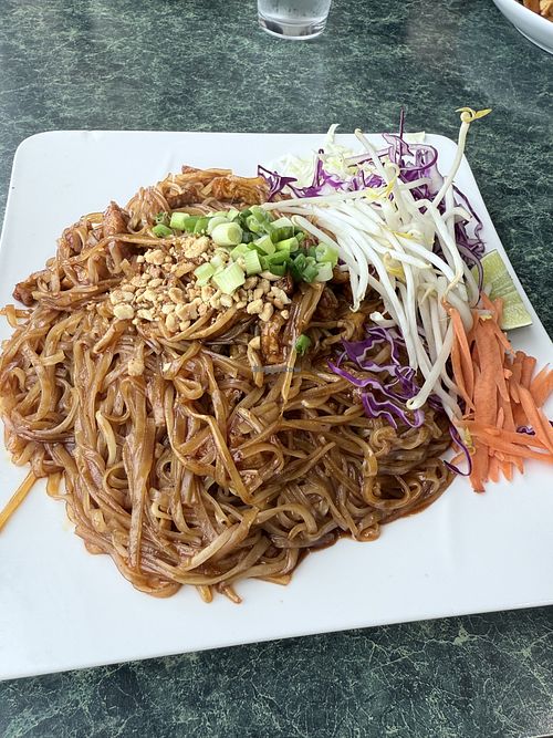 Pad Thai w/tofu, no egg. Tofu was more like strips/shreds instead of blocks, delicious   at Mekong Thai Restaurant in Olympia