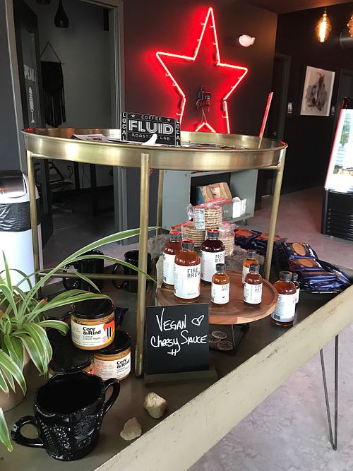 cashew cheesy sauce - random vegan treats for sale inside at Fluid Coffeebar in Valparaiso