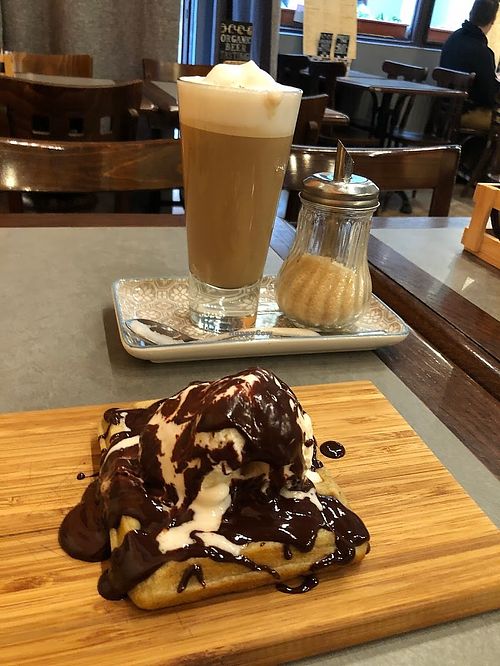 Soya latte and Belgian waffle with soy ice cream. Neither were my cup of tea so to speak, but worth a shot. at The Sister in Brussels