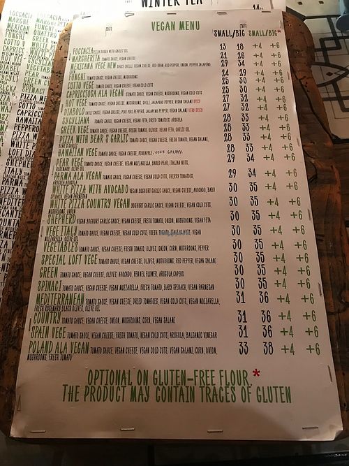 Vegan menu  at Pizza Loft in Krakow
