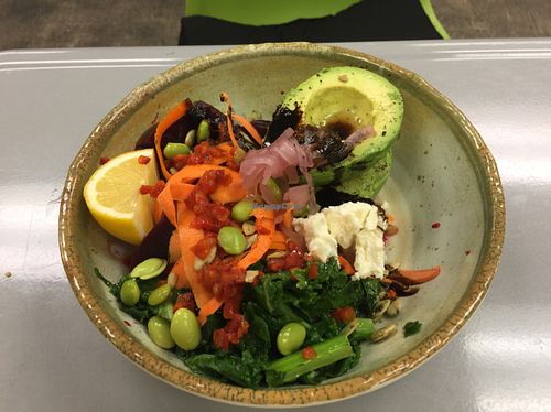 vegetarian, only because of the feta, avocado bowl and so worth it, the sauce tied it together perfectly  at Food Cache in Mammoth Lakes