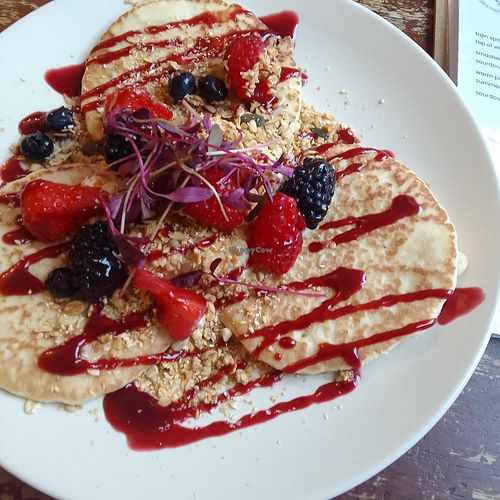 Pancakes, vegan option. at The Old Electric Shop in Hay-on-wye