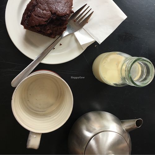 vegan banana brownie with loose leaf earl grey and soy milk at The Old Electric Shop in Hay-on-wye