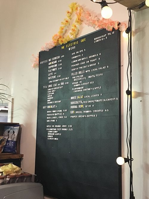 menu board July 2017 at The Old Electric Shop in Hay-on-wye