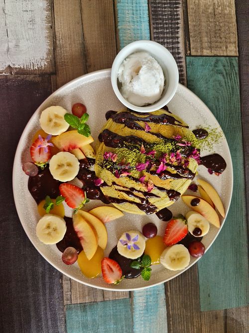 Matcha pancakes at Particle Cafe in Avondale Heights