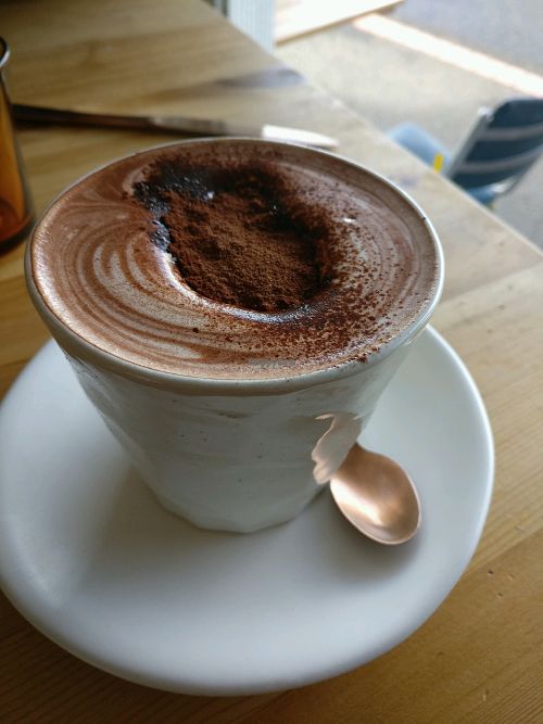 hot chocolate with almond milk at Particle Cafe in Avondale Heights