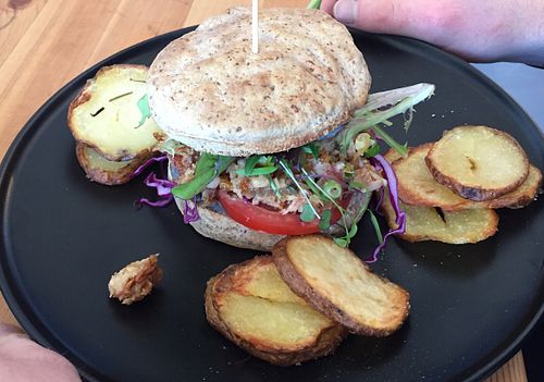 Jackfruit burger  at Particle Cafe in Avondale Heights