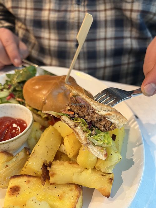 burger and chips  at Stem & Glory in Cambridge