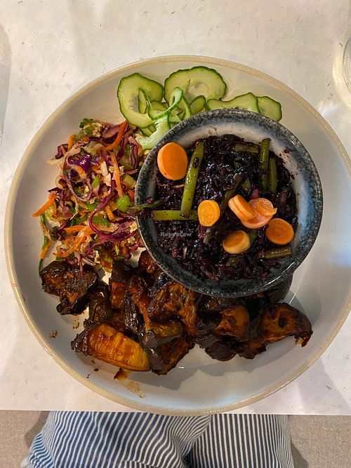 black rice and spicy miso aubergine at Stem & Glory in Cambridge
