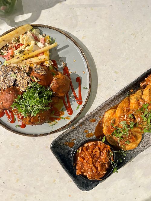 buffalo broccoli + kimchi pancakes at Stem & Glory in Cambridge