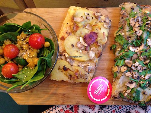 12€ special - 2 pieces of pizza with a chickpea salad. I had the sweet potato pizza and the truffle pizza, out of 5 different kinds - Le magnifique! at Hank Vegan Pizza in Paris