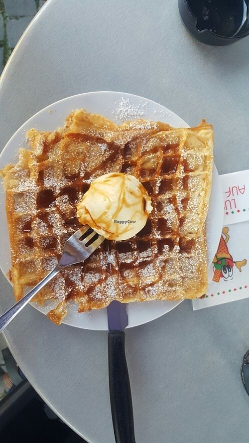 Waffle with ice cream and caramel sauce at Brustolon Cafe Gelateria in Koblenz
