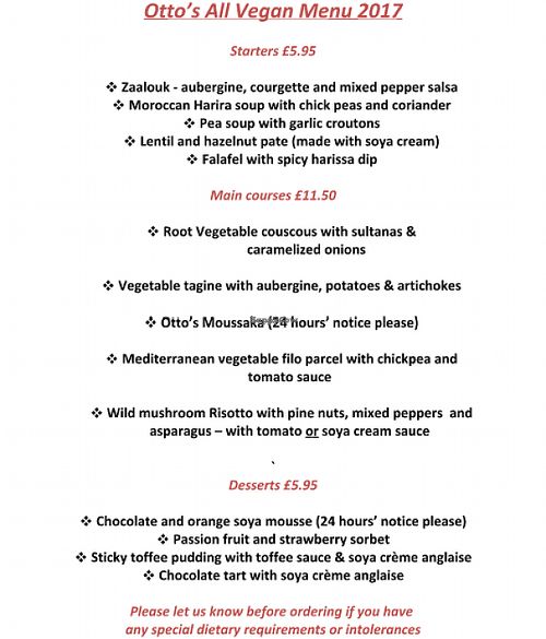 Vegan menu Feb '17 at Otto's Restaurant in Sheffield