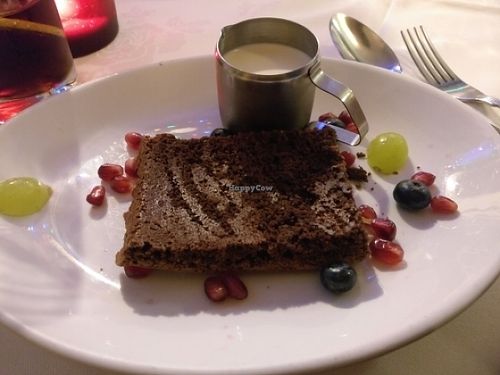Chocolate and almond cake with soya cream at Otto's Restaurant in Sheffield