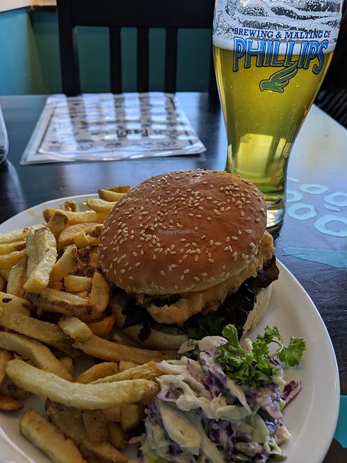vegan fish cheezburger with fries and coleslaw at Fish on Fifth in Sidney