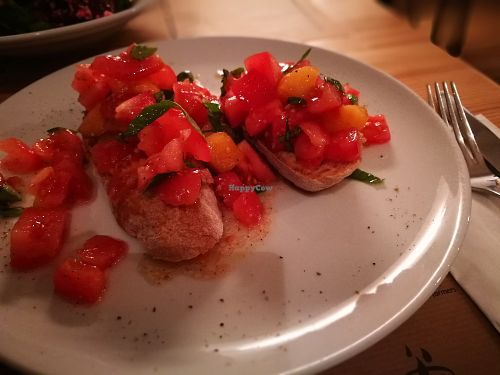 First course: a REALLY tasty bruschetta: tomatoes, basil, garlic
 at Freta 33 in Warsaw