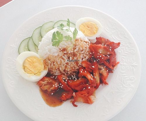 Rice with Red pork (mock meat) at My Home Cafe & Vegetarian in Chiang Mai