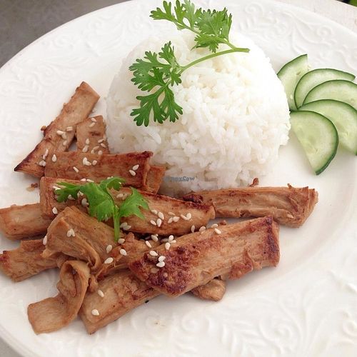 Rice with white sesame fried pork (mock meat) at My Home Cafe & Vegetarian in Chiang Mai