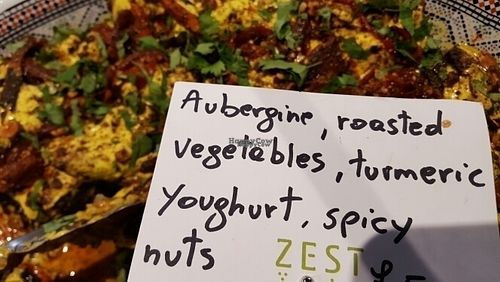 Aubergine, Roasted Vegetables, Tumeric, Yoghurt & Spicy Nuts at Zest in North West London