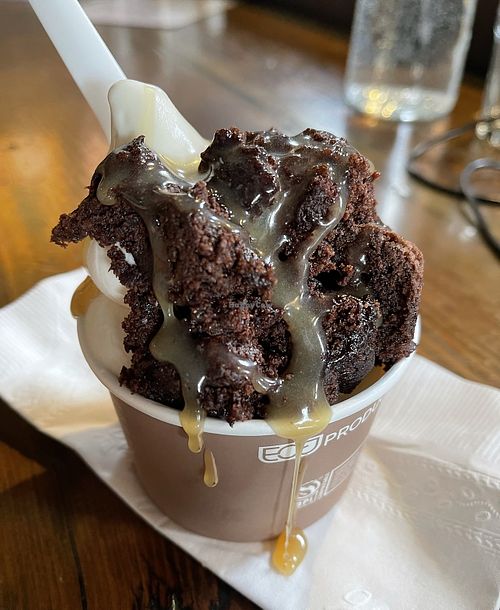 Small vanilla cup with gf brownies and caramel   at Make Believe Bakery in Denver