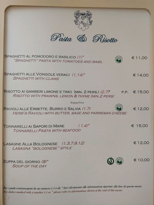 items on the menu are clearly labelled vegetarian and vegans at Ristorante Imbarcadero in Como