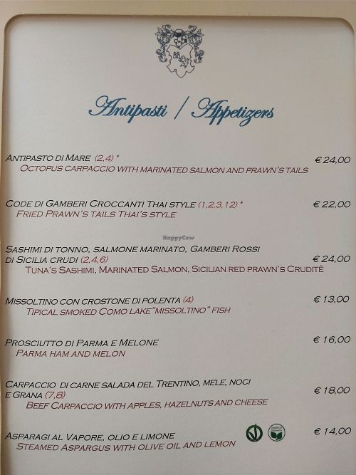 appetisers menu at Ristorante Imbarcadero in Como