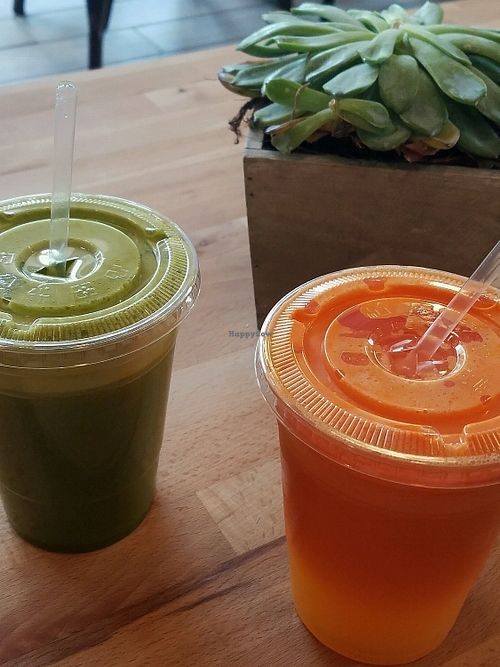 Rise&Shine (green), Slim Down (orange) at Organic Buzz Cafe & Juice Bar in Norfolk