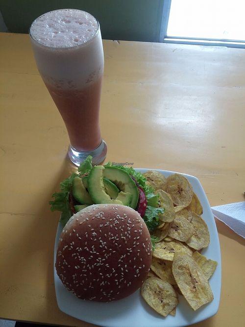 Quinoa burger and ginger and hibiscus juice.  at Cafe Tropico in Taganga