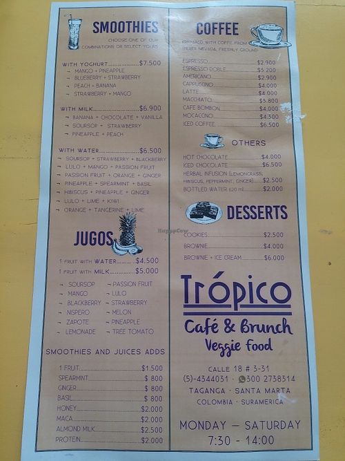 Menu  at Cafe Tropico in Taganga